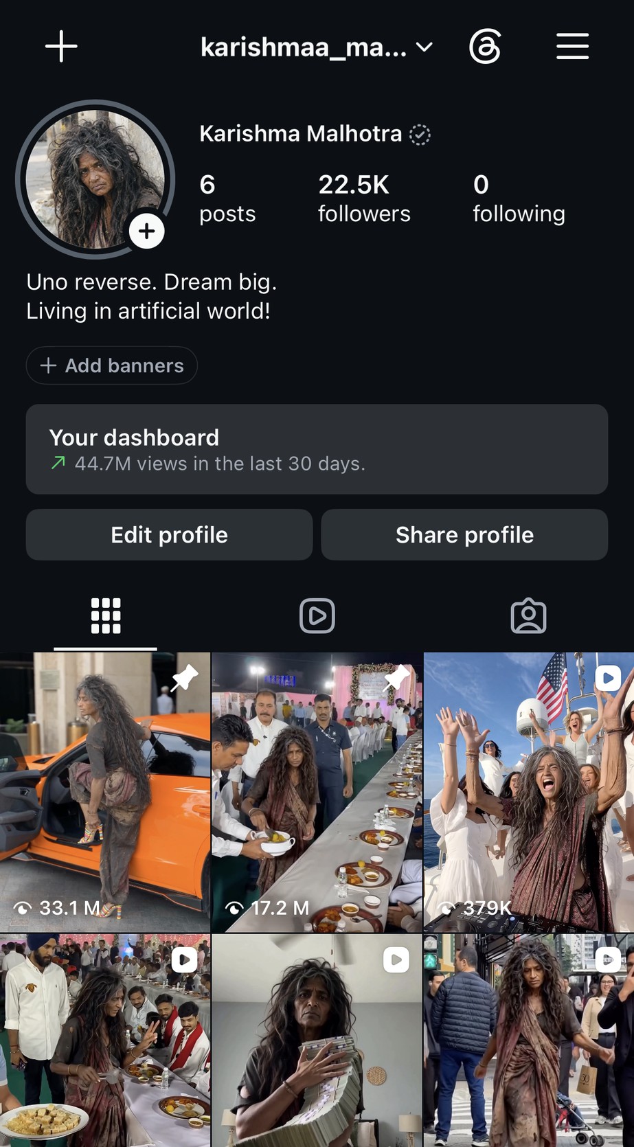 Instagram profile of the AI character Karishma Malhotra